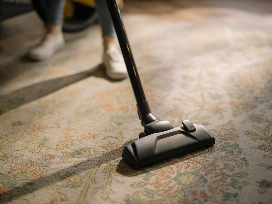 A close-up of a vacuum cleaner nozzle actively cleaning a decorative patterned carpet in a residential setting, with a person's legs and white sneakers visible in the background. The carpet features intricate floral motifs with muted, earthy tones, and appears clean and well-maintained. The scene is illuminated by soft, natural lighting, highlighting the surface and cleanliness of the carpet. The vacuum cleaner is part of a professional cleaning process provided by Carpet Cleaning Hounslow, as indicated by the page title and website information.